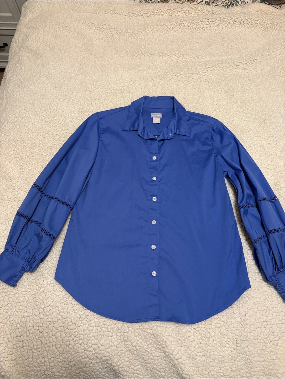 Chico's Cobalt Blue Button-Down Shirt with Lace Trim Sleeves